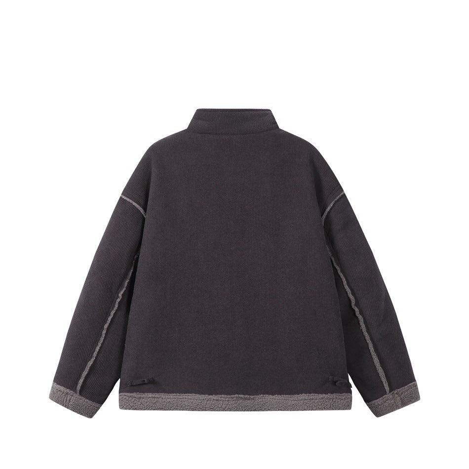 Back of a flat-laid charcoal jacket with a high collar, contrast seams, gray cuffs and hem trim.