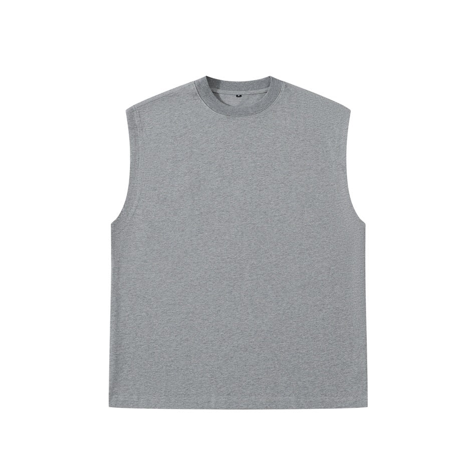 Heather gray sleeveless crew-neck top, flat front view, with ribbed neckband and cut-off armholes
