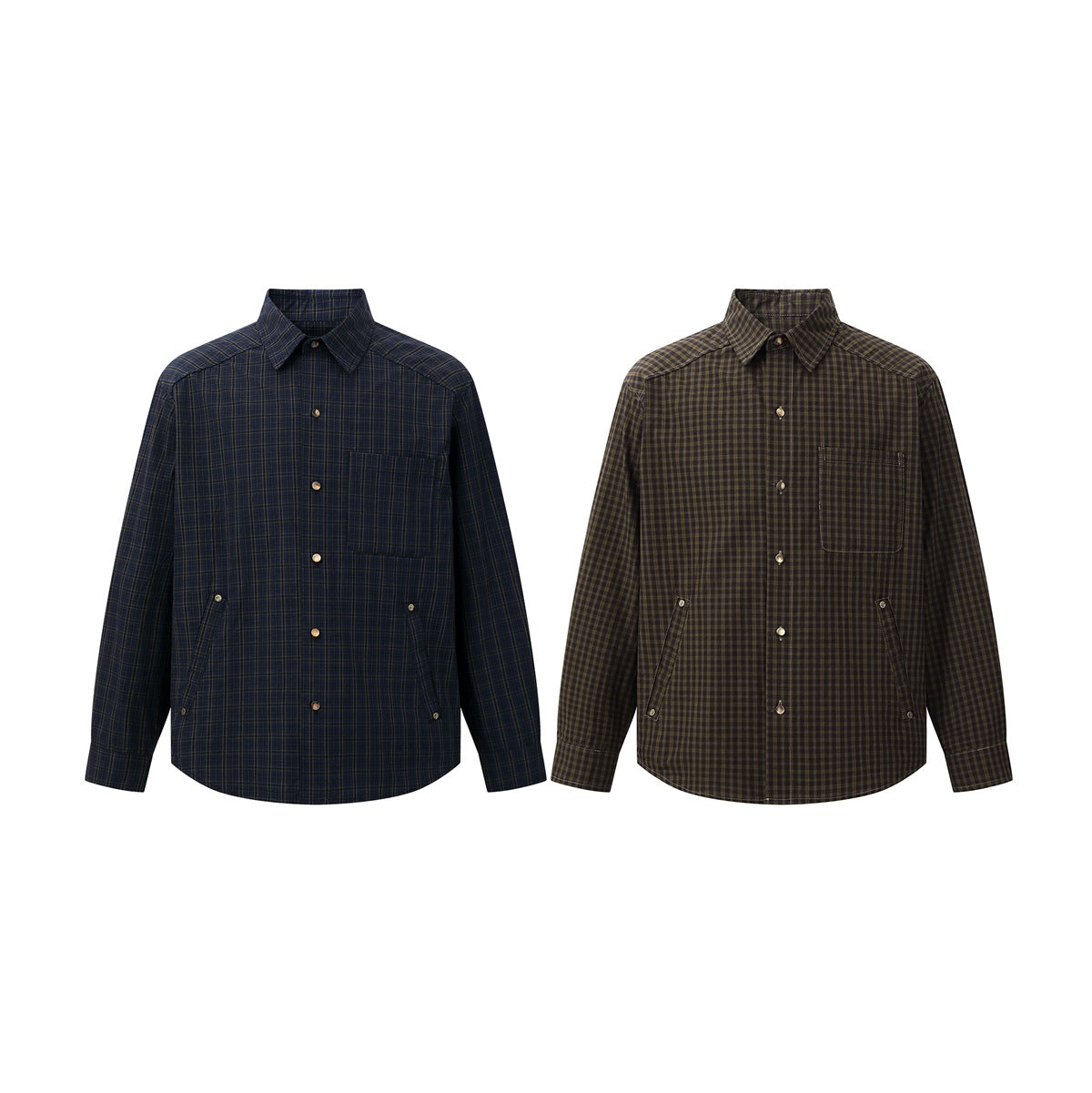 Front views of two plaid button-up shirts: one dark navy and one olive brown, each with a chest pocket.
