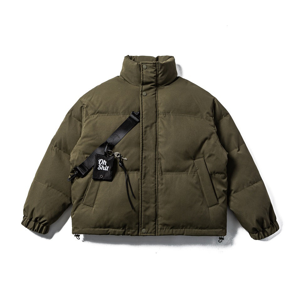 Army green stand-collar puffer jacket flat lay with black strap and small pouch charm on the front