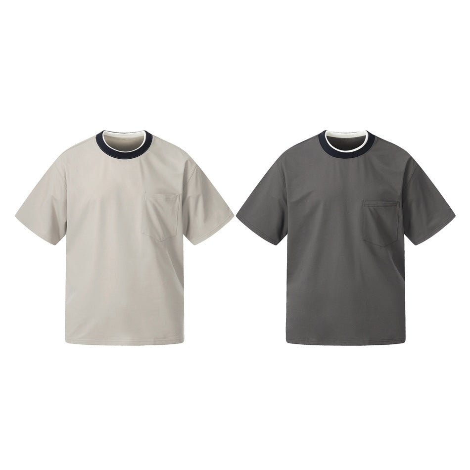 Two short-sleeve pocket T-shirts shown from the front in light gray and dark charcoal, both with contrast collars.