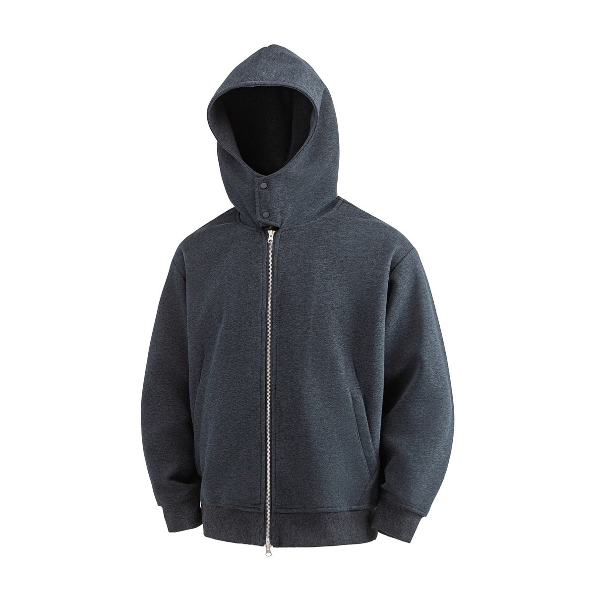 Dark gray heather full-zip hoodie front view with hood up, snap neck closure, silver zipper and ribbed hem