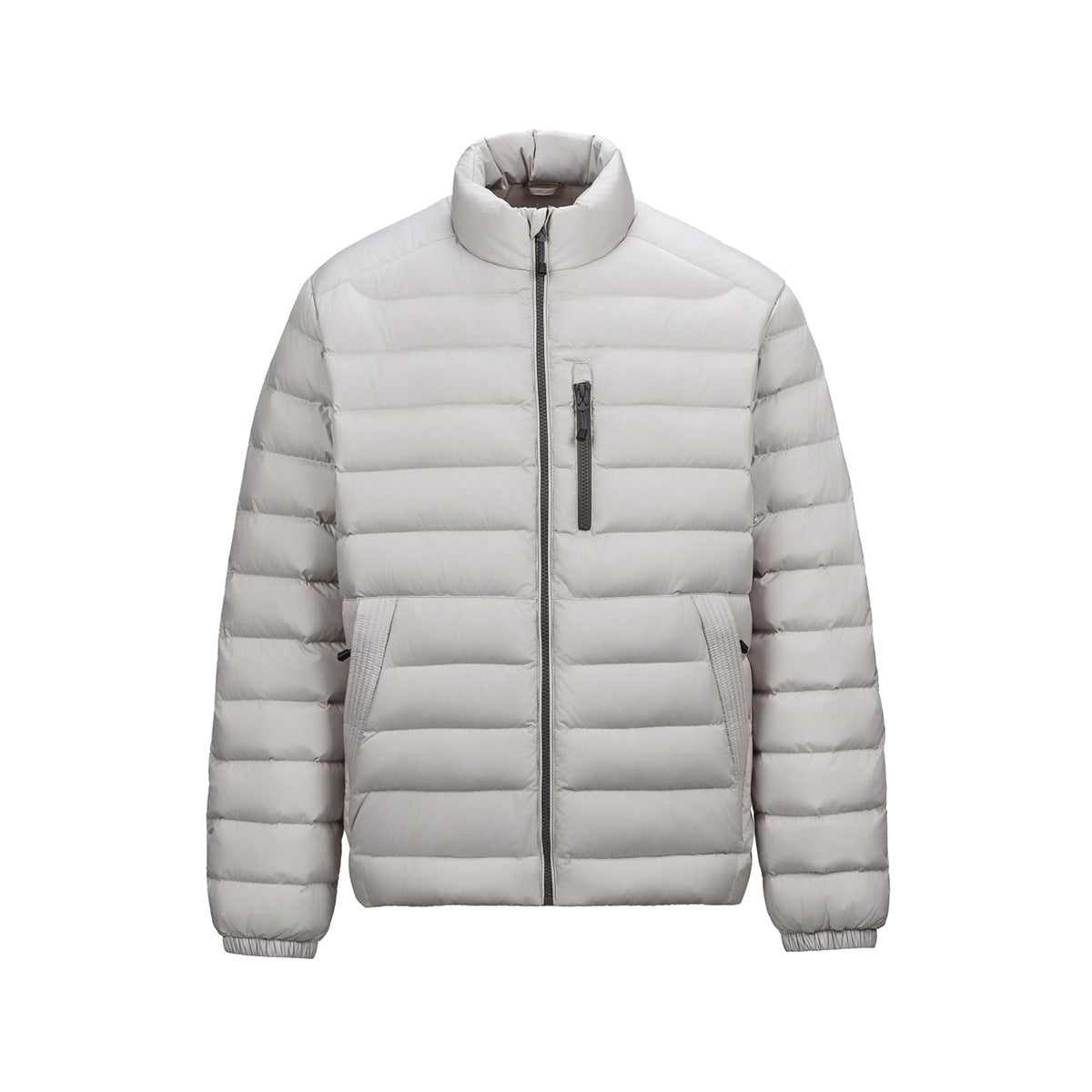 Light gray quilted stand-collar jacket with dark gray zipper and chest pocket, front view on white