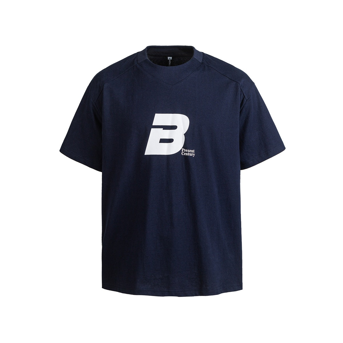 Navy short-sleeve crew-neck T-shirt with white B logo and Present Century print on chest, front view