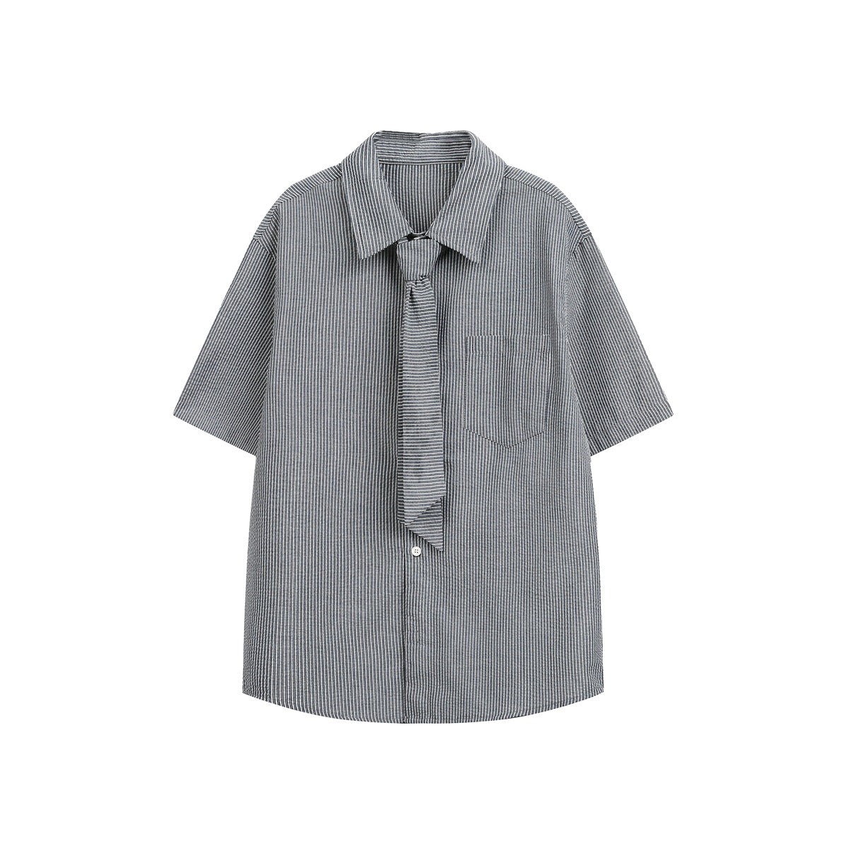 Gray and white striped short-sleeve button-up shirt with collar tie and chest pocket, front flat view