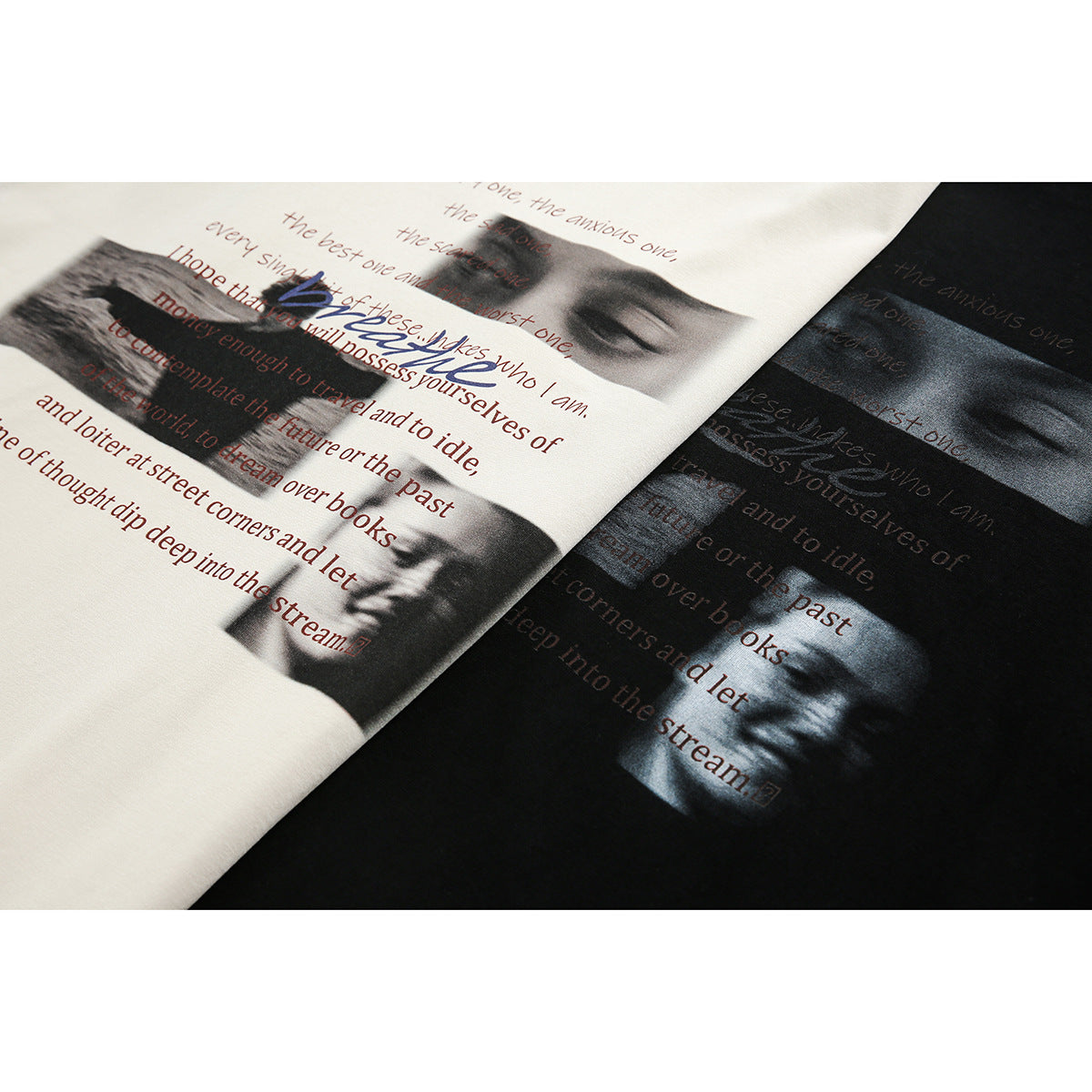 Close-up of cream and black T-shirts showing printed English text and blurred grayscale face images.