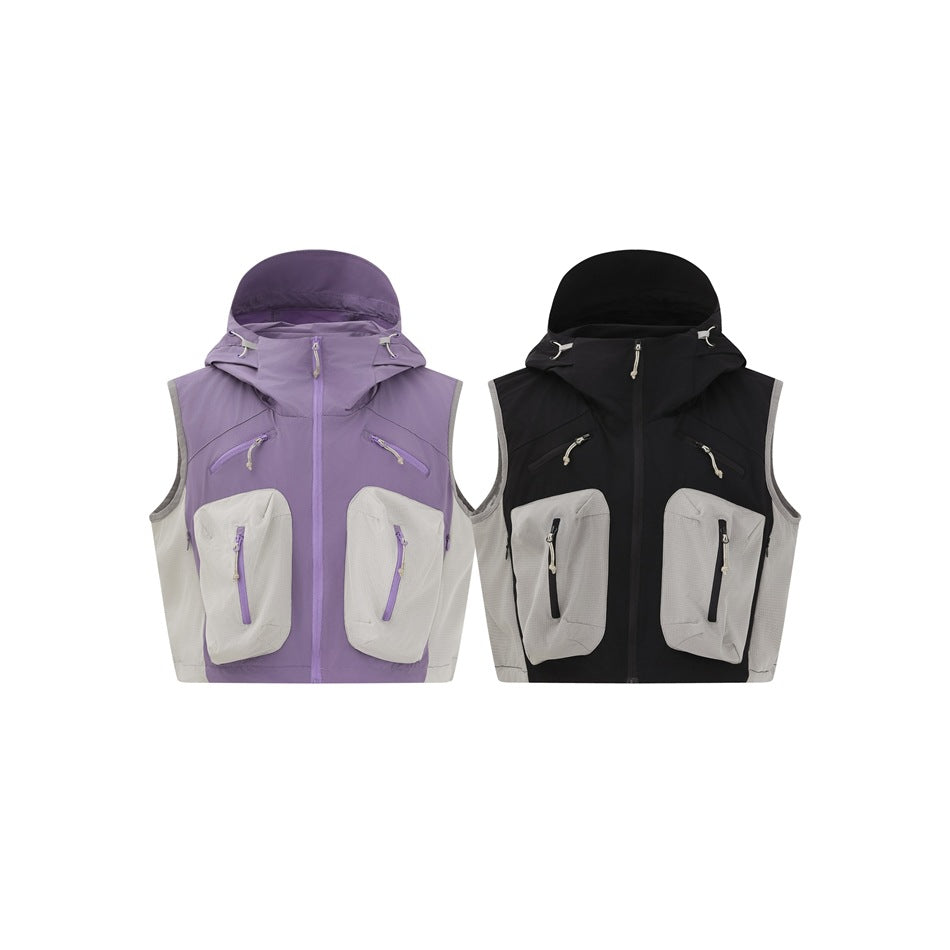 Two hooded utility vests shown from the front: one lavender with light gray panels, one black with light gray panels.