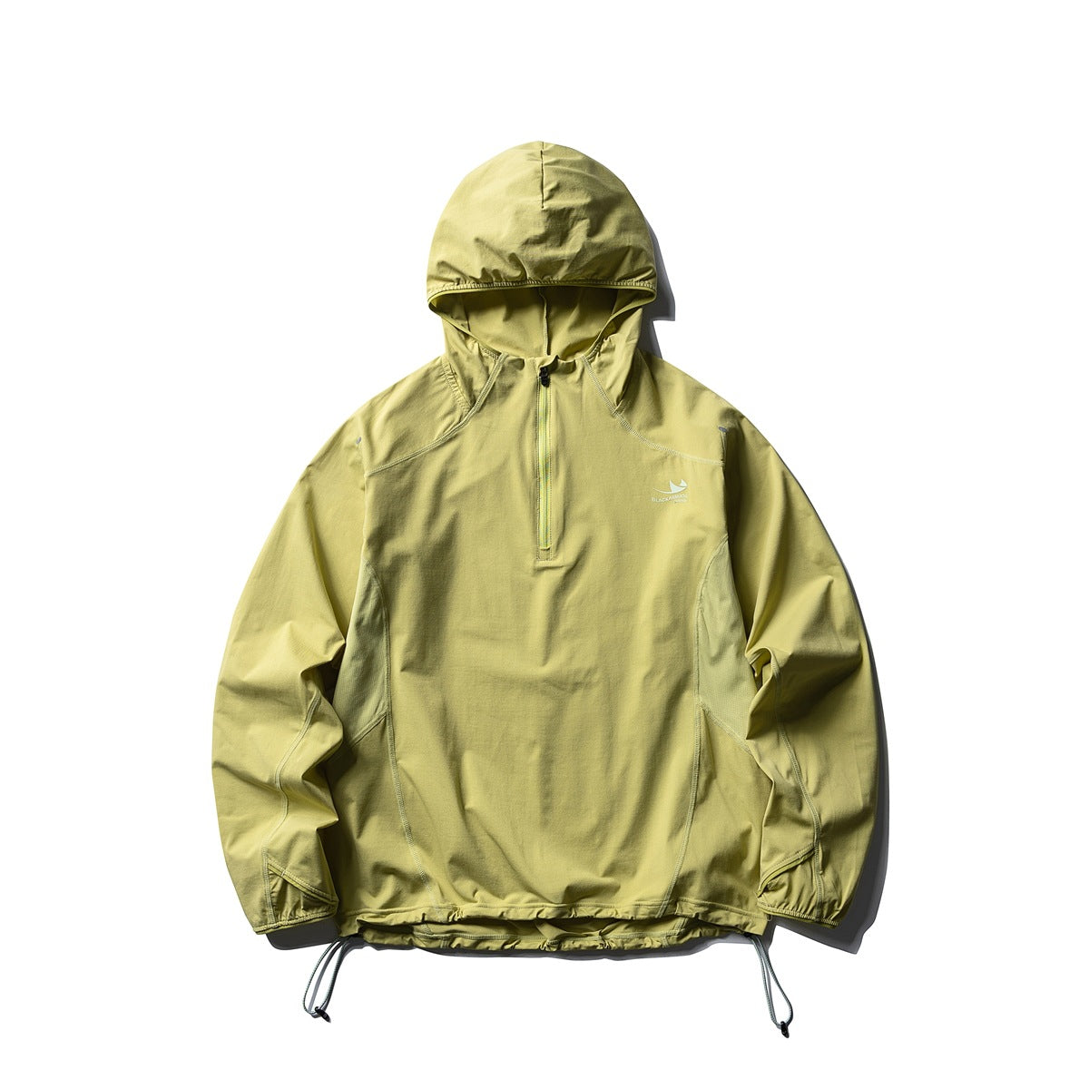 Yellow-green hooded half-zip jacket, flat front view, with bright green zipper and drawstring hem