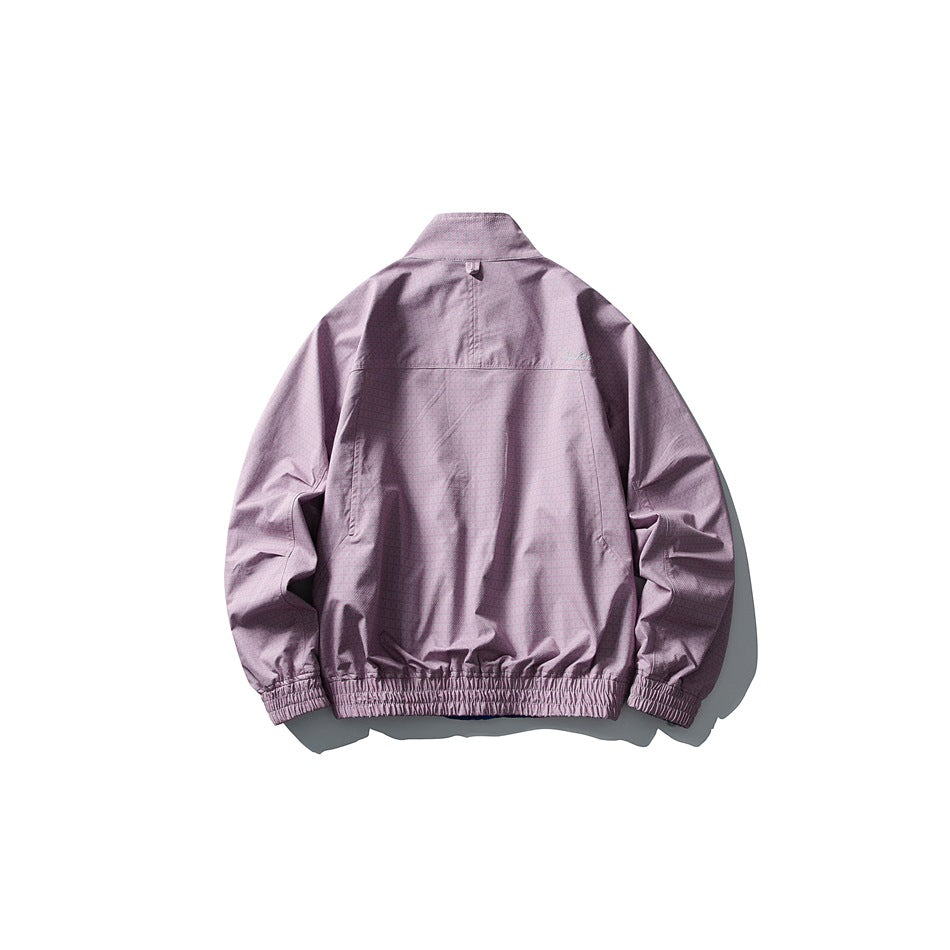 Back view of a muted lavender jacket with a stand collar, long sleeves, and elasticated cuffs and hem.
