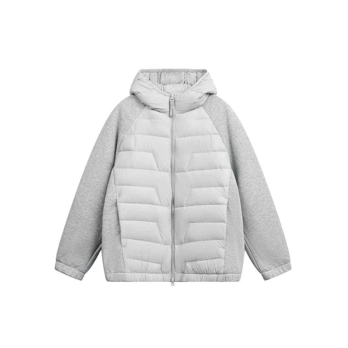 Gray hooded quilted zip jacket with heather gray knit raglan sleeves, front view on white background