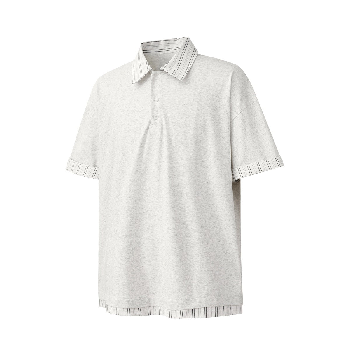 Heather gray short-sleeve polo top with striped collar, cuffs and hem trim, front flat view