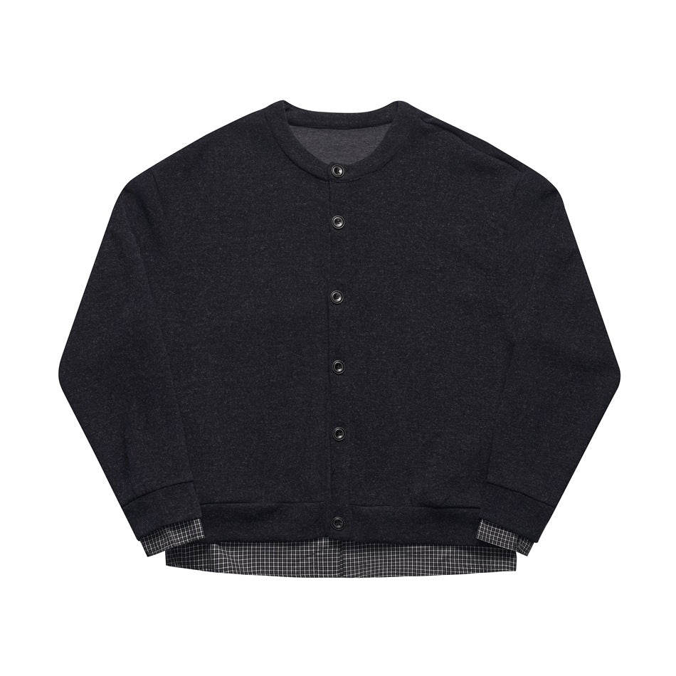 Navy button-front knit cardigan jacket flat lay with round neckline, ribbed cuffs and checked hem lining