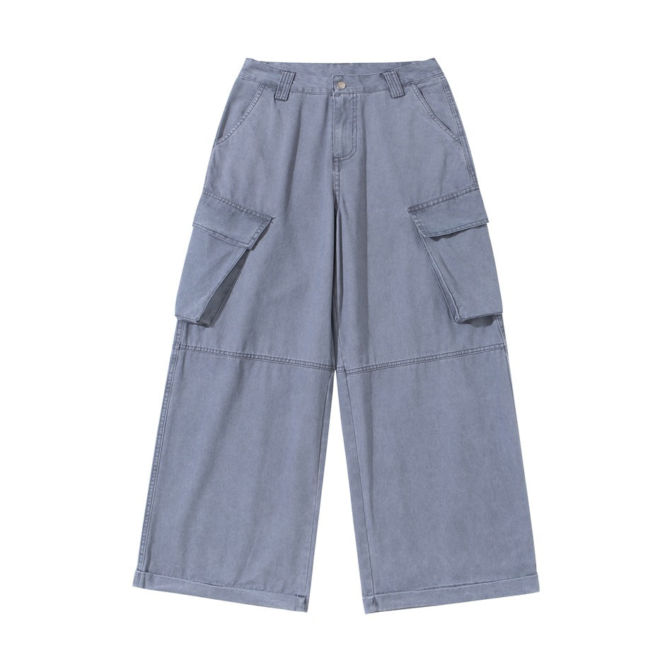 Blue-gray wide-leg cargo pants with large flap side pockets, belt loops, button fly and cuffed hems, front flat lay