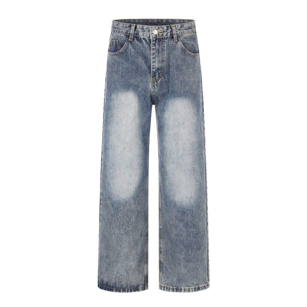 Front flat view of light blue washed straight-leg jeans with faded knee patches