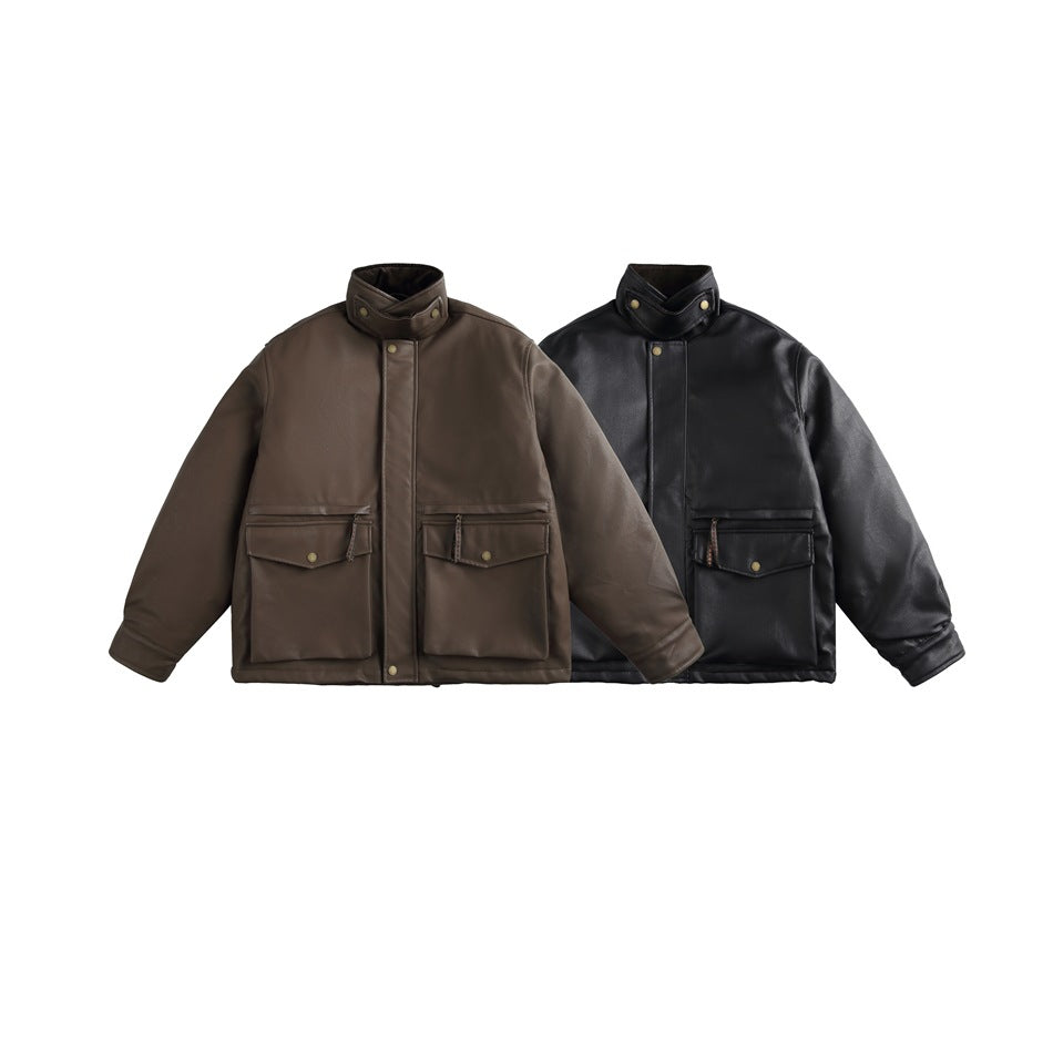 Two jackets shown from the front: one dark brown and one black, each with a high collar and two flap pockets.