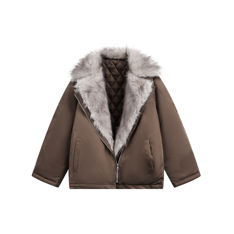 Front view of a taupe-brown jacket with a pale gray fur collar, zip closure, pockets, and quilted lining.