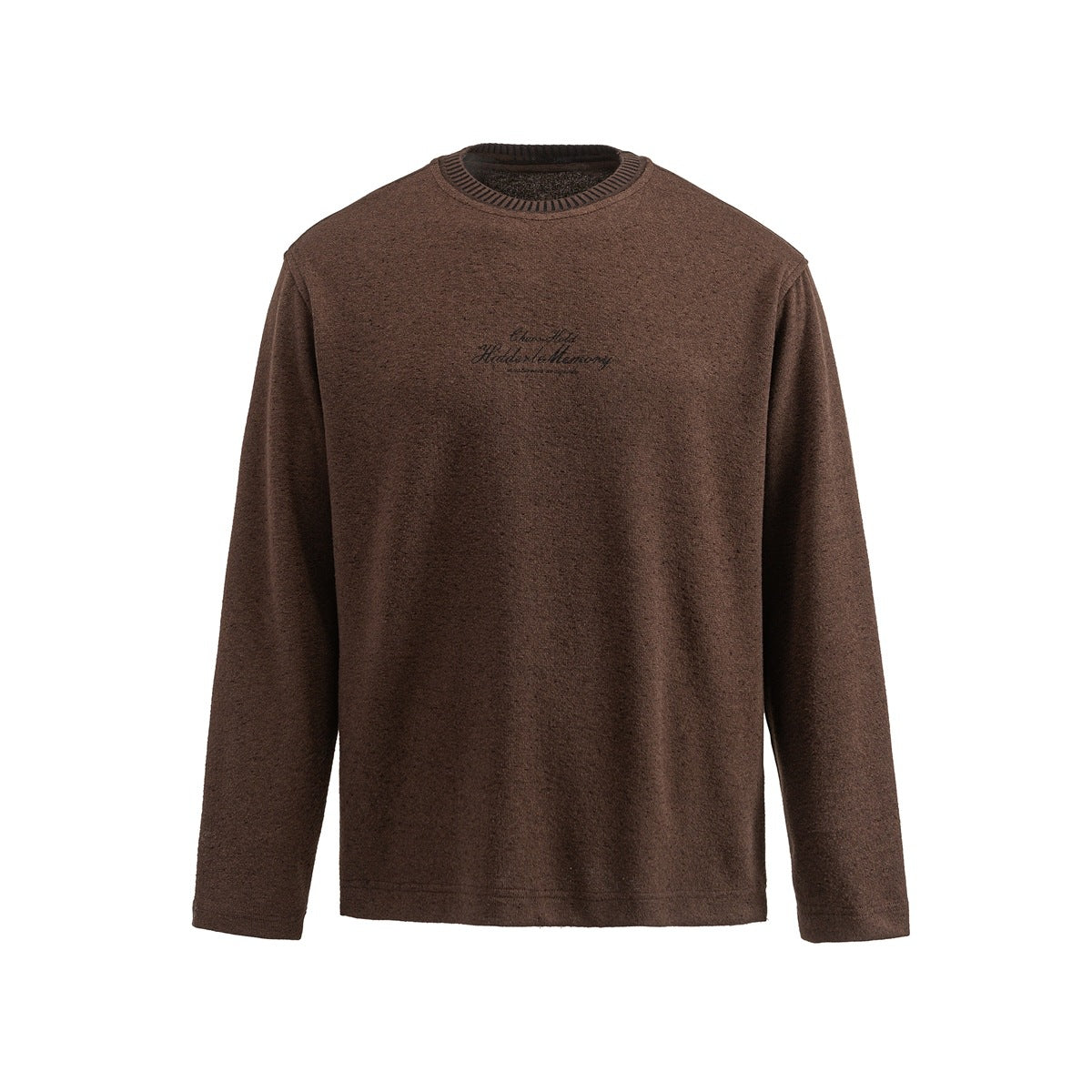 Brown long-sleeve crew neck knit top with ribbed collar trim and dark script chest lettering, front view