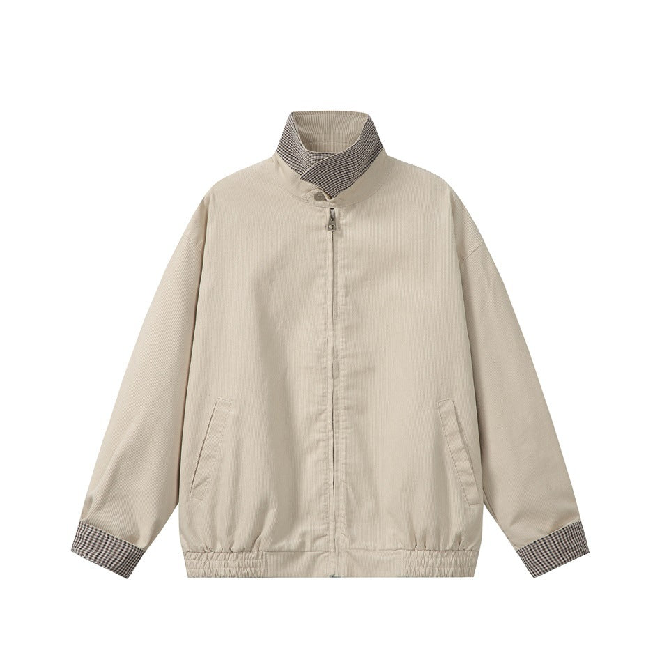 Beige corduroy-look zip jacket with stand collar, houndstooth check trim, slanted pockets and elastic hem, flat front view