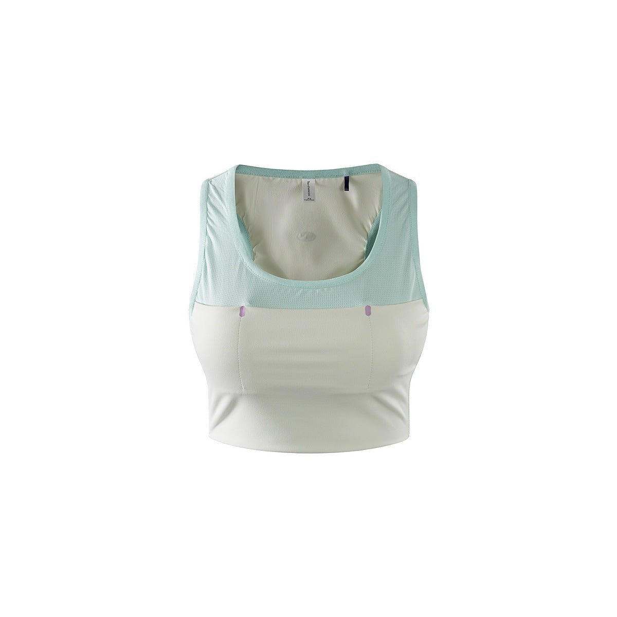Mint green and cream cropped sleeveless tank top with scoop neckline and mesh upper panel, front view