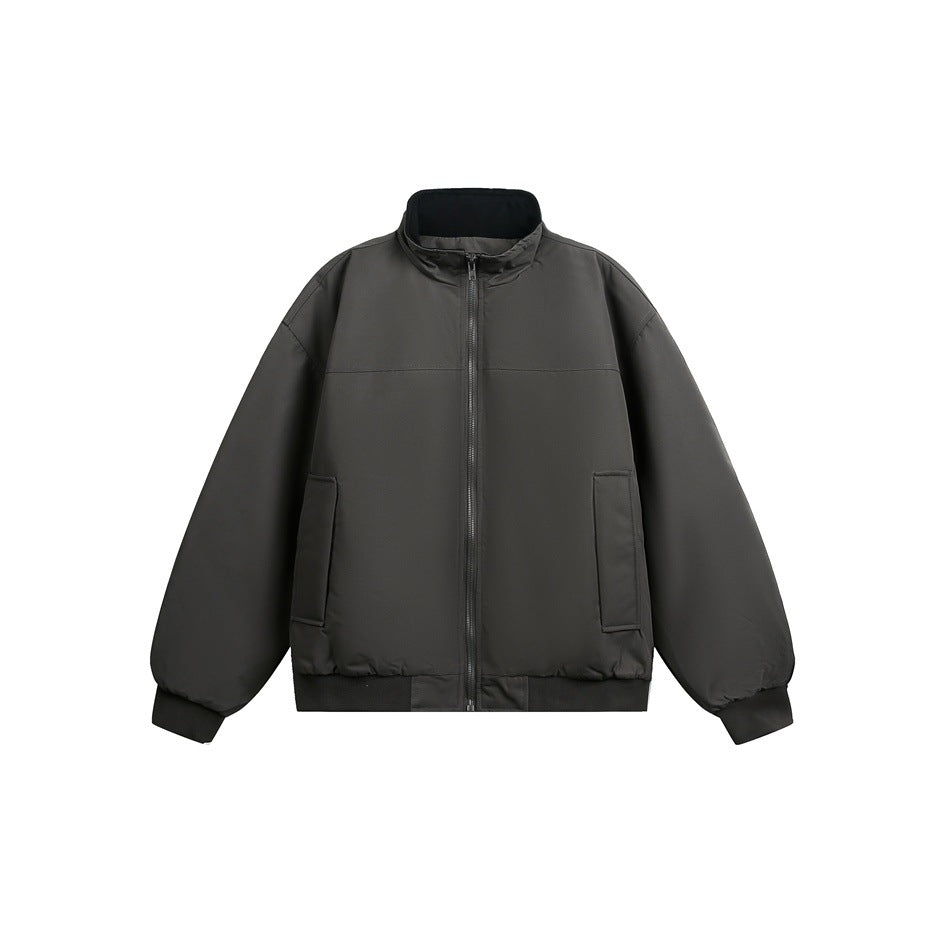 Gray stand-collar zip jacket with front pockets and black ribbed cuffs and hem, flat front view