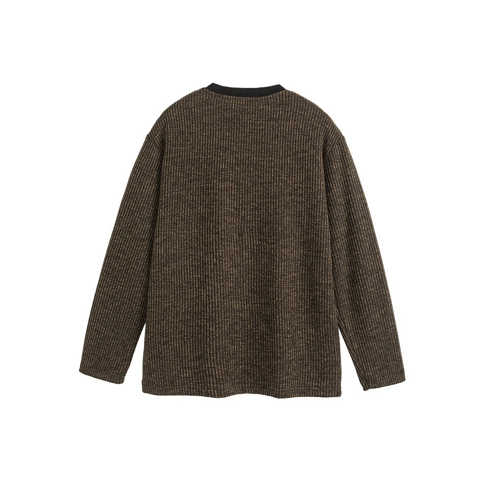 Back view of a brown and black textured long-sleeve crewneck shirt with a black ribbed collar.