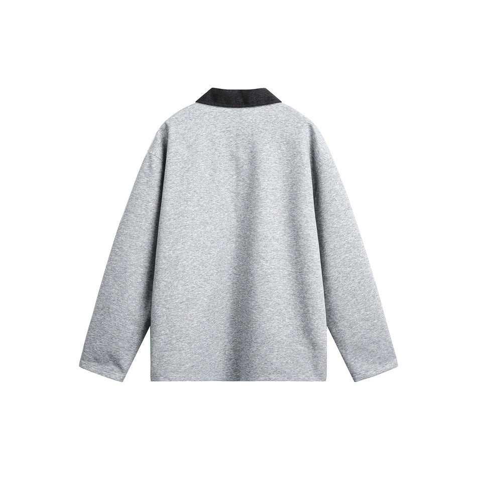 Back view of a heather-gray long-sleeve pullover with a contrasting dark collar.