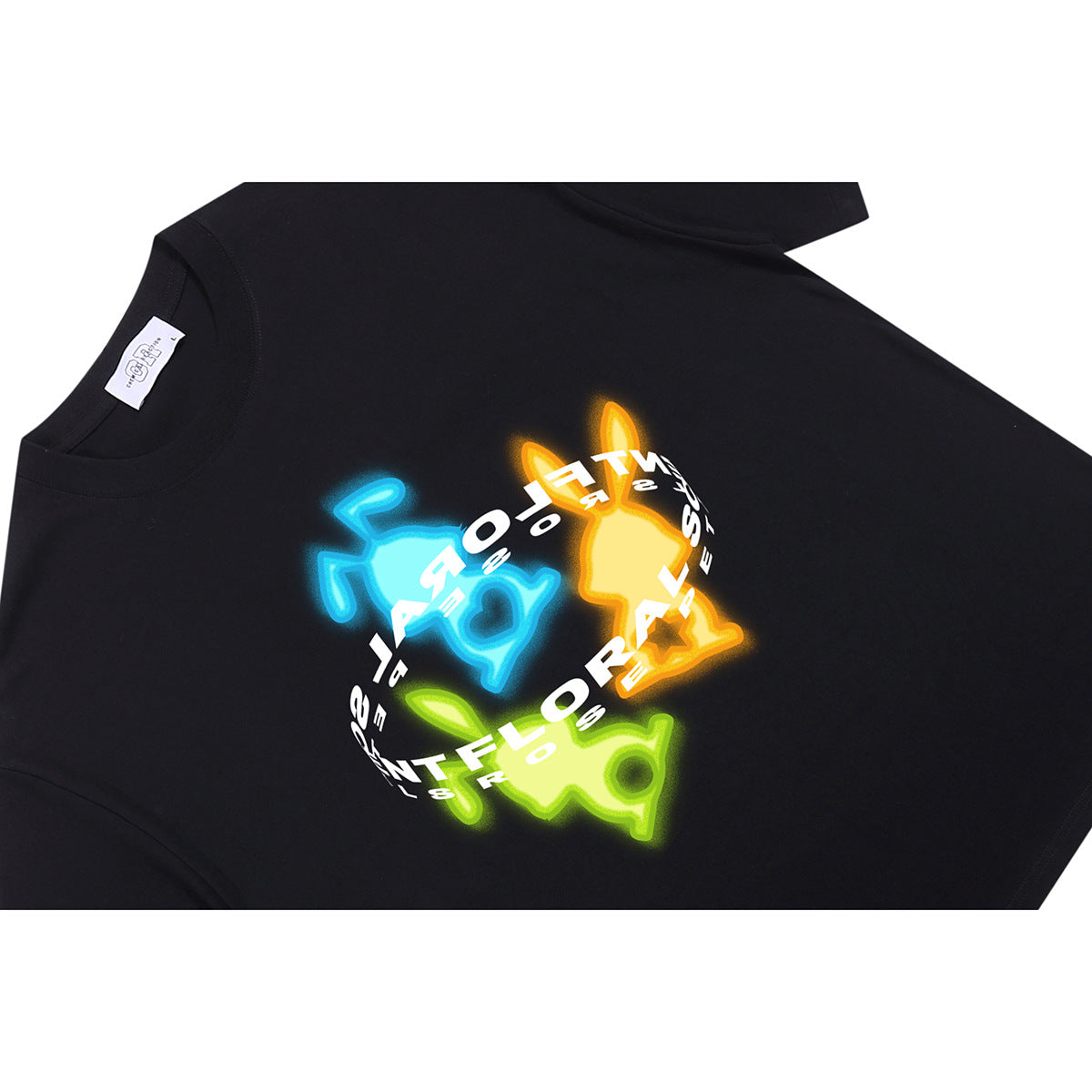 Black short-sleeve T-shirt with a bright blue, yellow, and green graphic and curved white lettering.