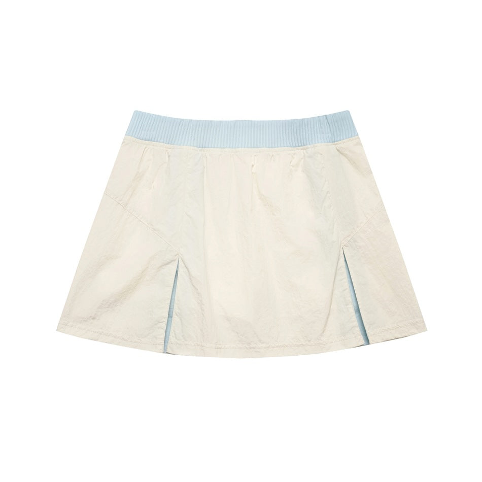 Off-white mini A-line skirt with light blue ribbed waistband and front slits with blue inserts