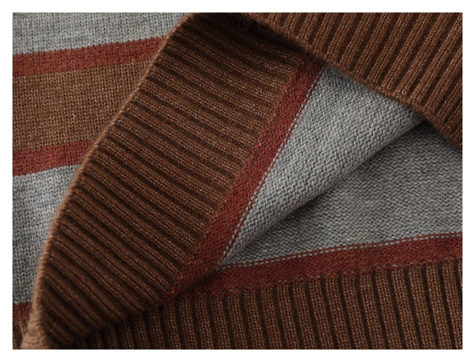 Close-up of the sweater's ribbed brown collar folded back to show the striped knit inside.