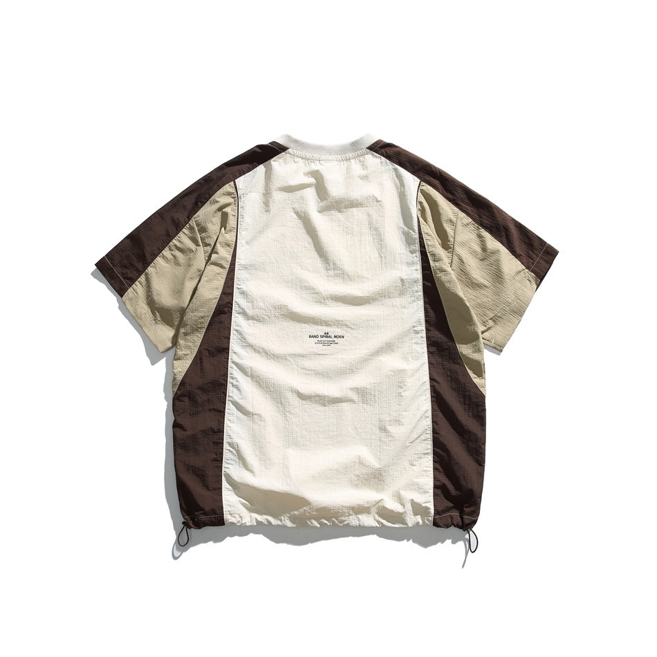 Brown and beige color-block tee back view with small upper-back print and drawstring hem
