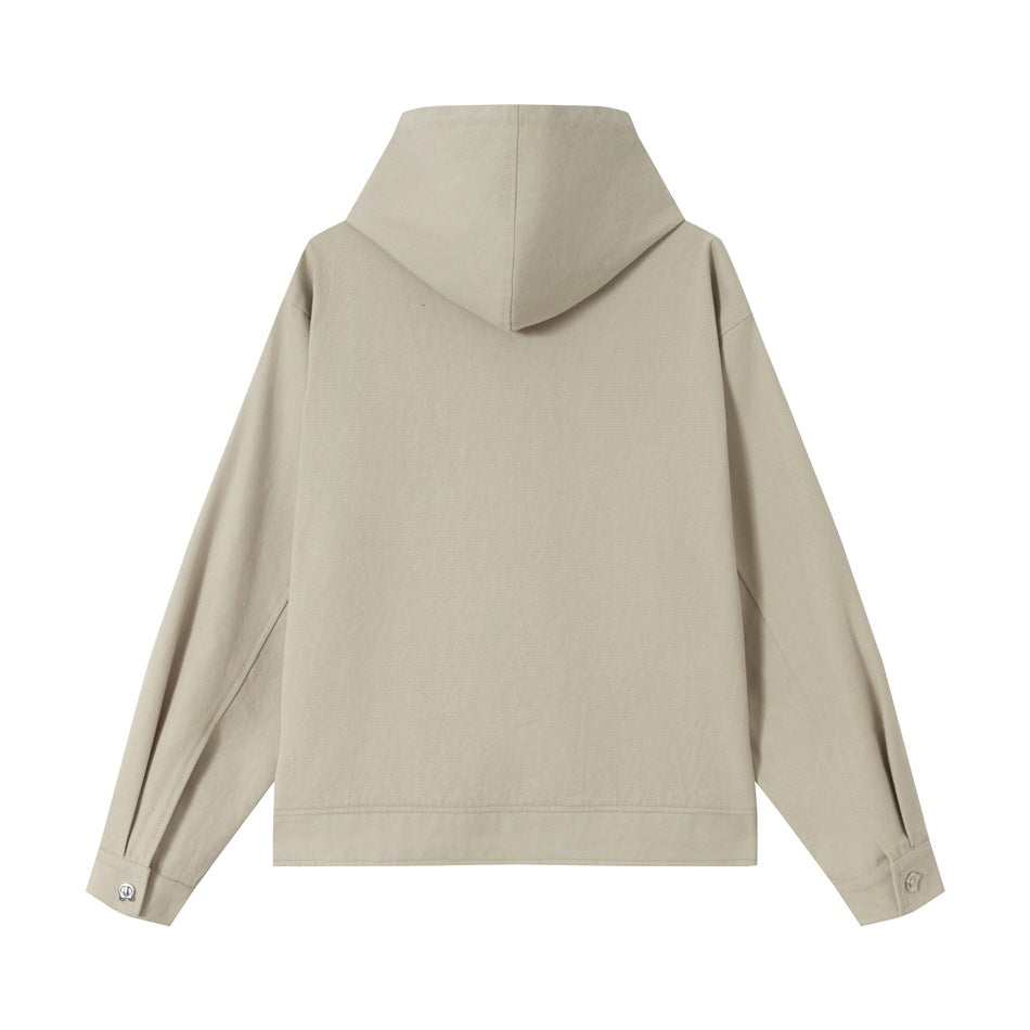 Back view of a beige hooded jacket with long sleeves, button cuffs, and a straight hem on a white background.
