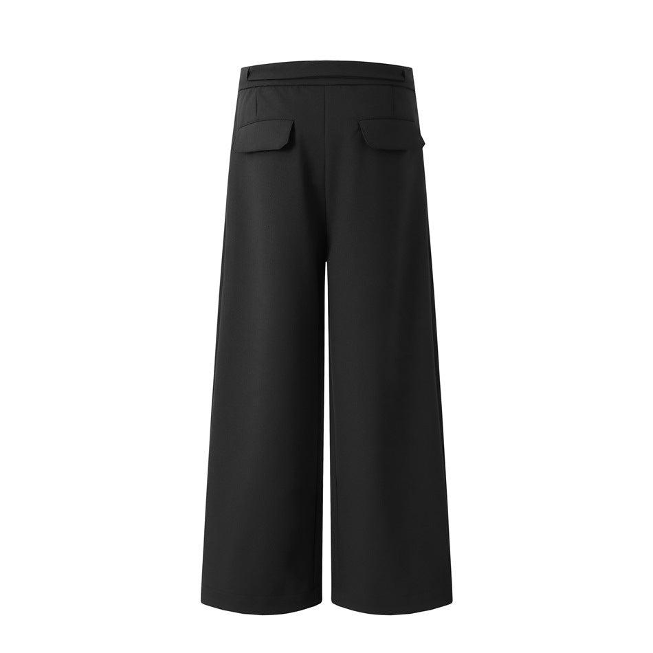 Back view of black wide-leg trousers with two flap pockets and a clean waistband.