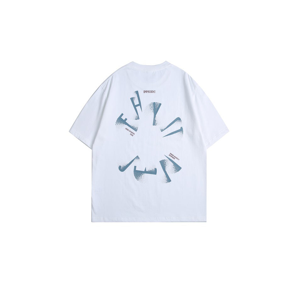 White short-sleeve crew-neck t-shirt back with large slate blue circular fragmented-letter graphic print