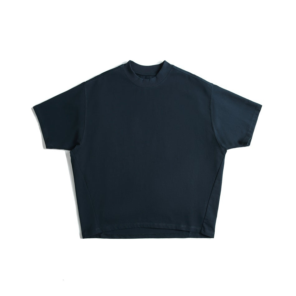 Front view of a plain dark navy short-sleeve T-shirt with a crew neck, laid flat on a white background.