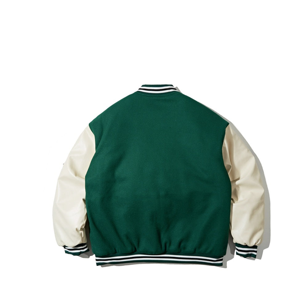 Back view of a green varsity jacket with cream sleeves and striped ribbed collar, cuffs, and hem.