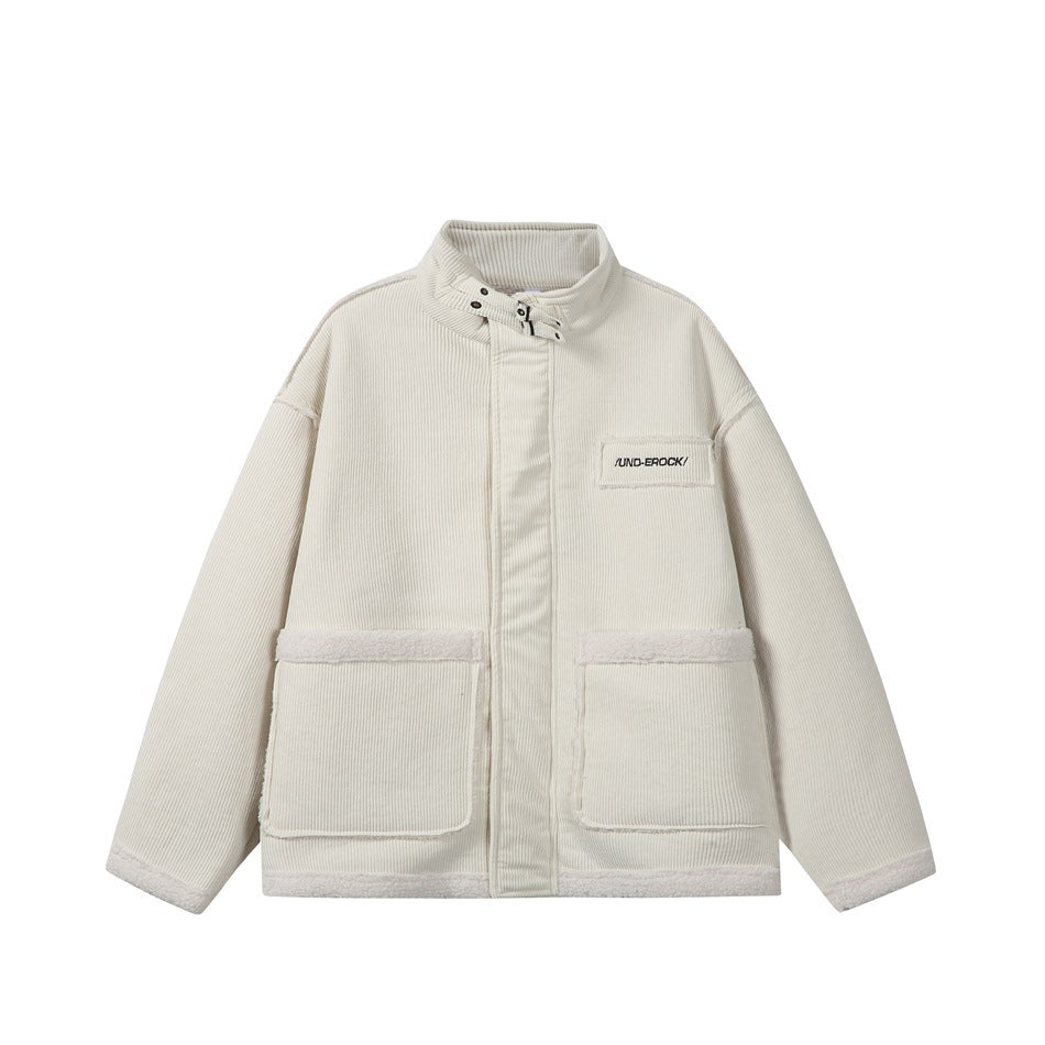 Beige corduroy-look stand-collar jacket with buckle collar straps, fleece-like pocket trim and chest patch, flat front view