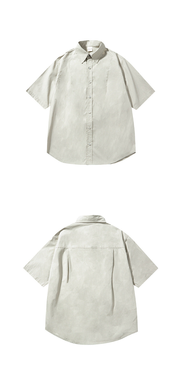 Light beige short-sleeve button-up shirt shown from the front and back on a white background.