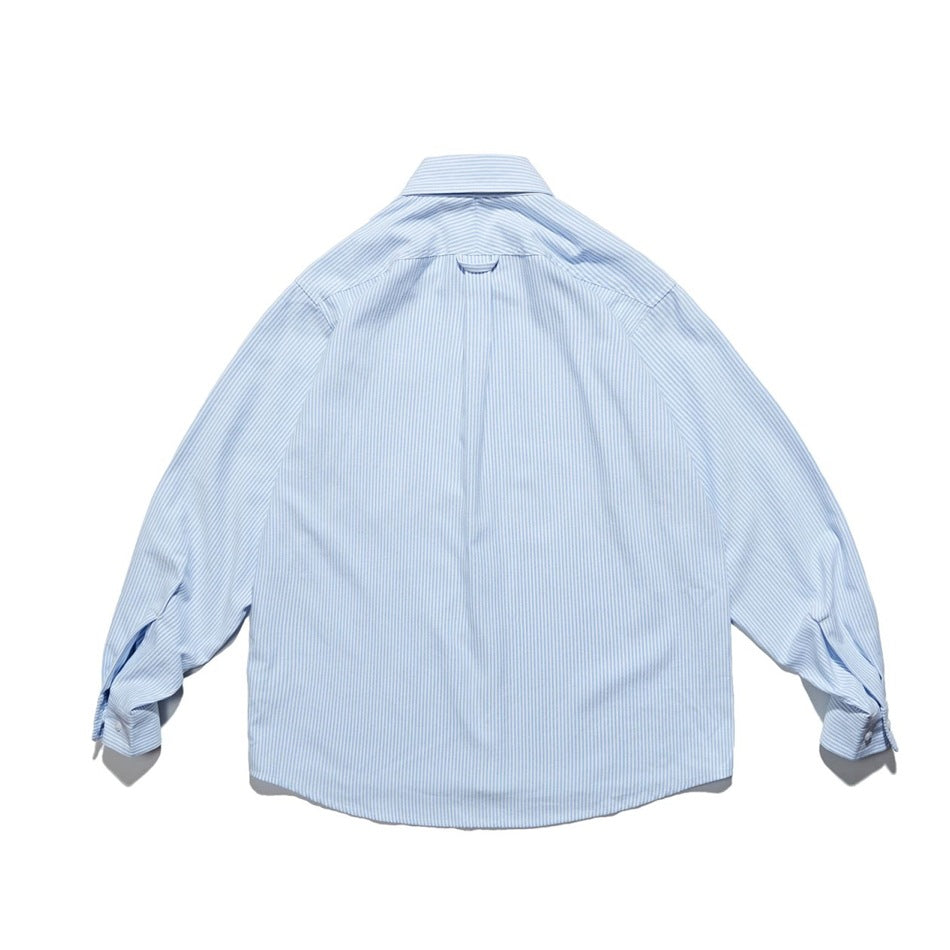 Back view of a light blue-and-white striped long-sleeved button-down shirt laid flat.