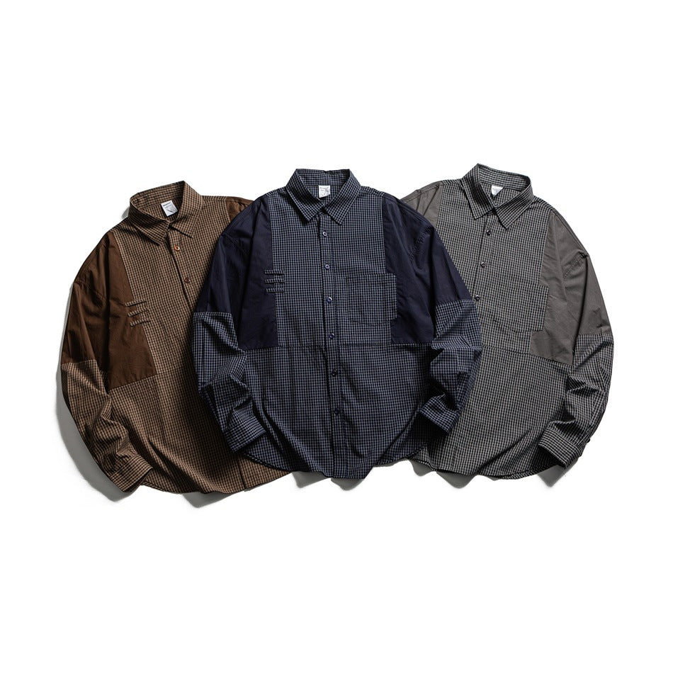 Three button-up shirts in brown, navy, and gray with contrasting checked and solid panels, shown from the front.