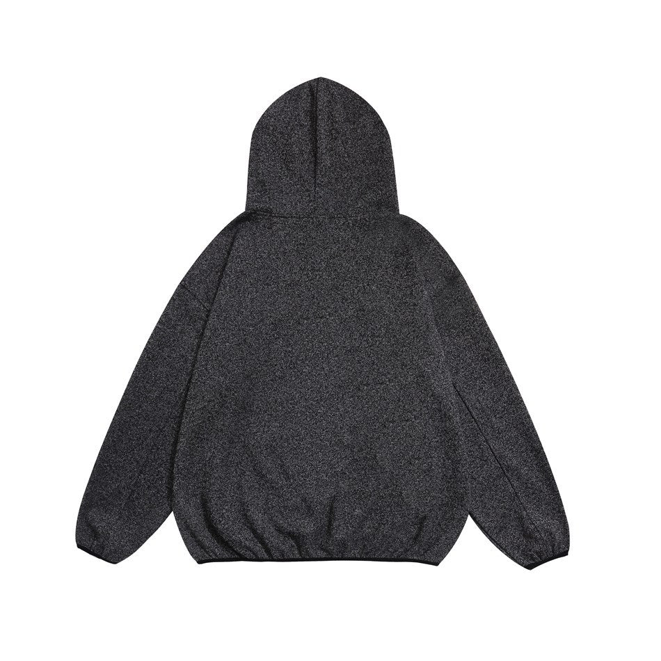 Back view of a dark charcoal marled hooded pullover, laid flat against a white background.