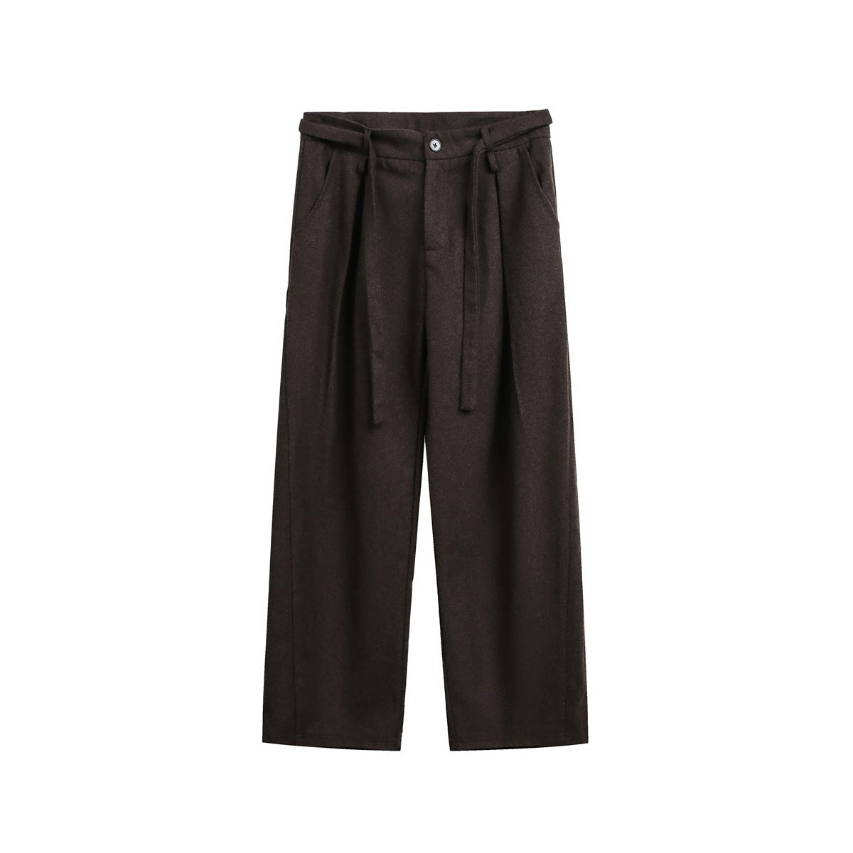 Brown wide-leg pleated trousers with a center button and long waist tie straps, flat front view