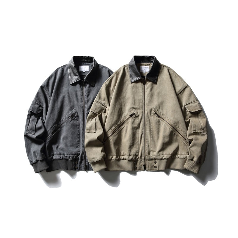 Two zip-front jackets shown side by side in charcoal gray and taupe, both with black collars and angled pockets.