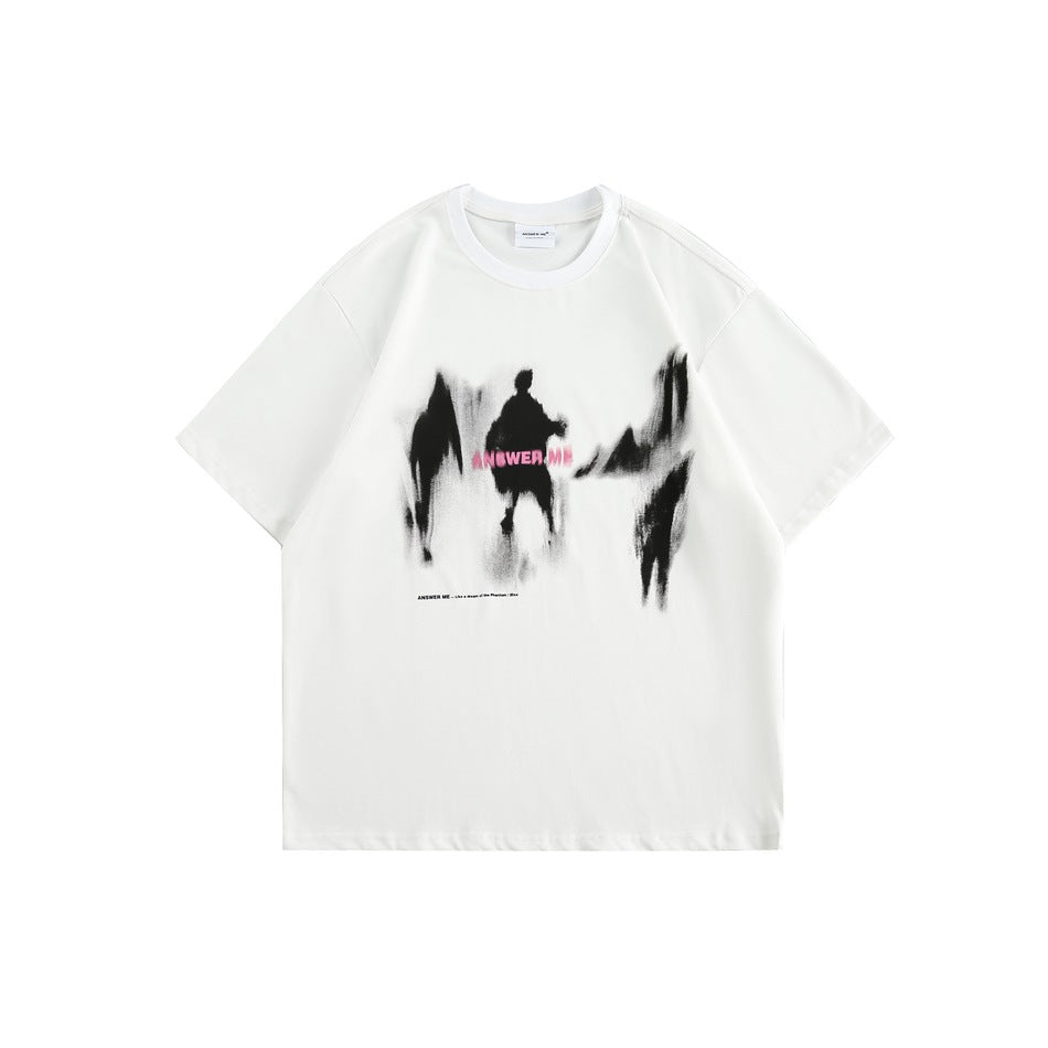 Front view of a white short-sleeve T-shirt with a crew neck and abstract black and pink chest graphic.