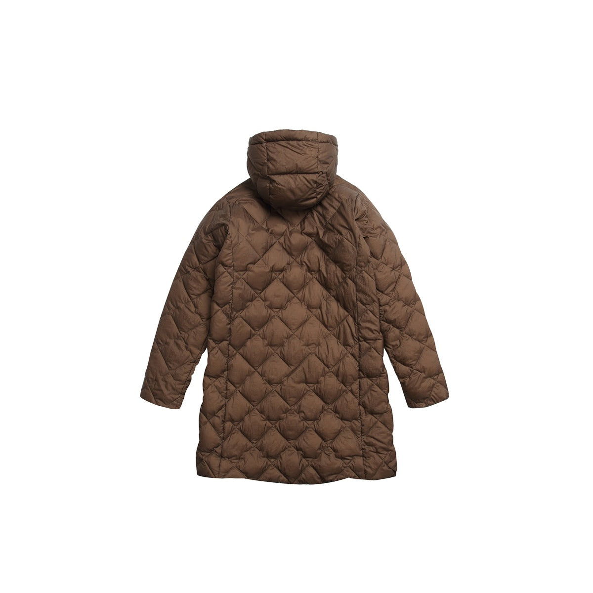 Back view of a brown hooded long coat with diamond quilting and long sleeves.