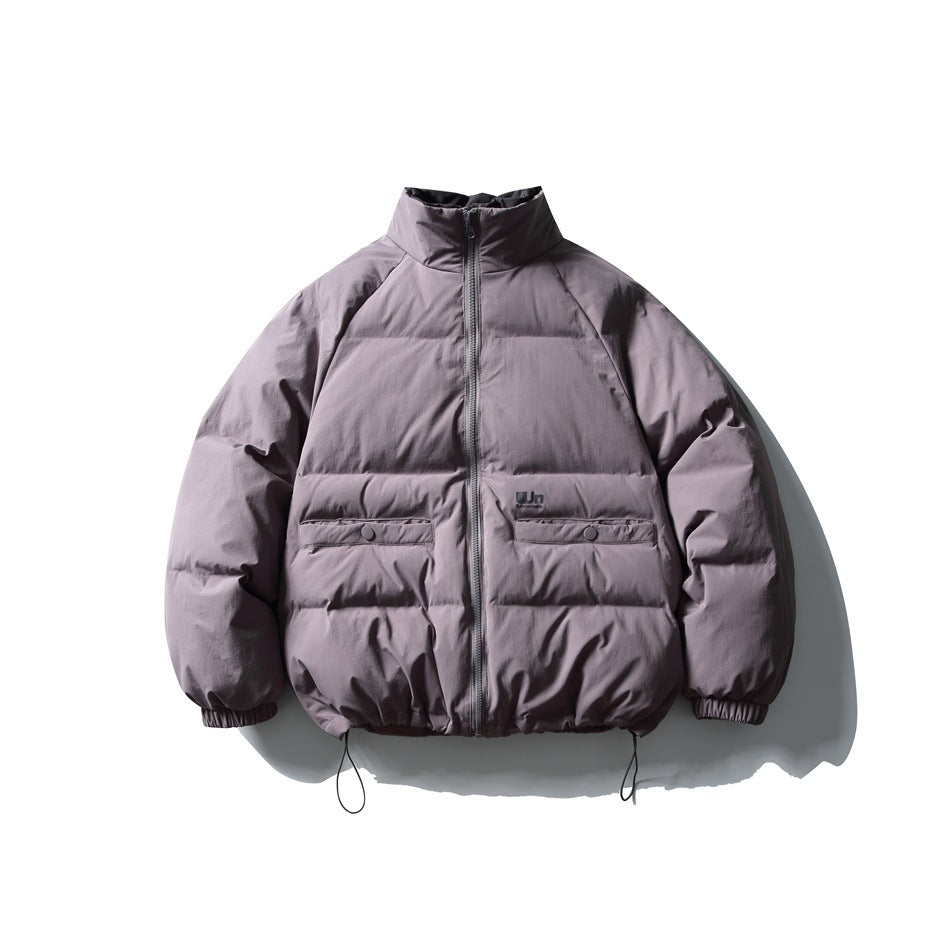Dusty purple stand-collar puffer jacket, front view, zipper, snap flap pockets, elastic cuffs and drawcord hem