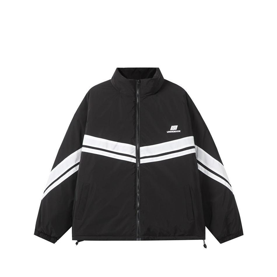 Black zip-up stand-collar jacket with white chevron stripes, side pockets, elastic cuffs and drawcord hem, front view