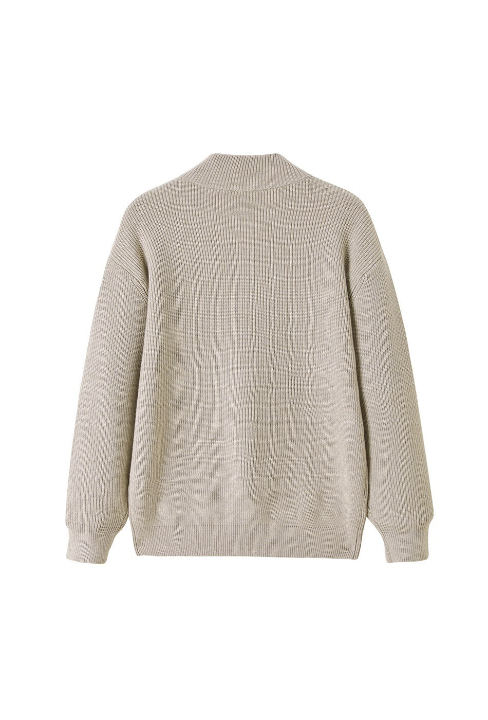 Back view of a light beige rib-knit sweater with a stand collar, long sleeves, and ribbed cuffs and hem.