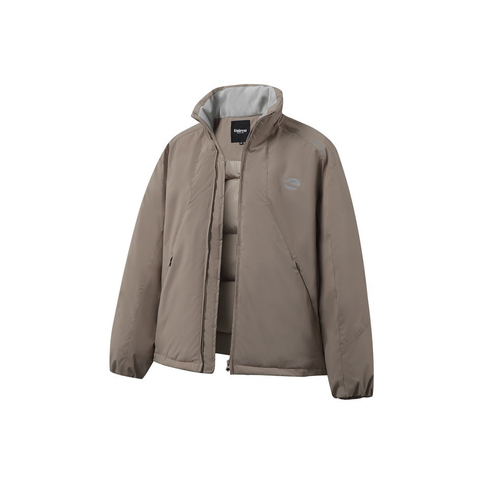 Khaki padded stand-collar jacket with open zipper, light gray collar lining, slanted pockets and elastic cuffs