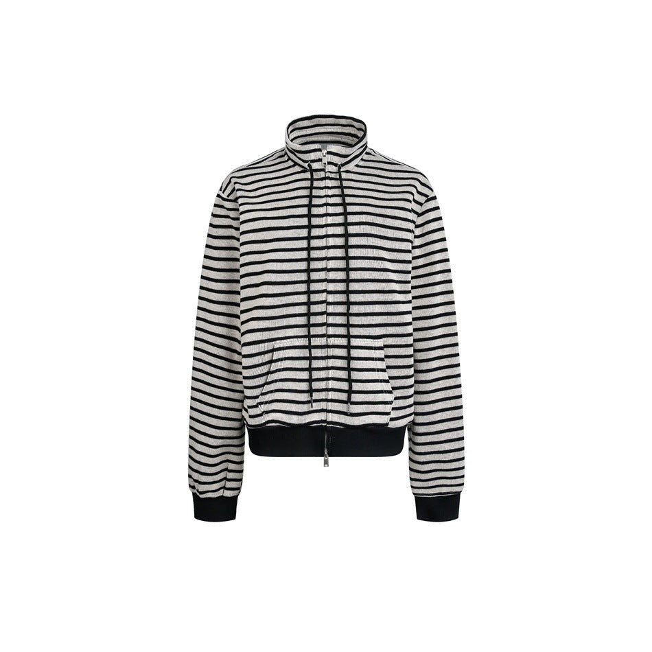 Black and light gray striped stand-collar zip jacket with drawcords, front pockets and ribbed trim, flat front view