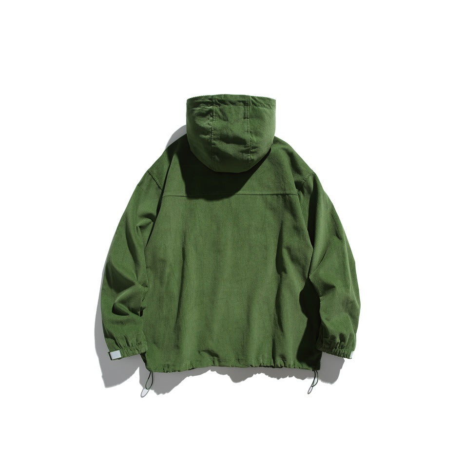 Back view of an olive green hooded pullover displayed against a white background.
